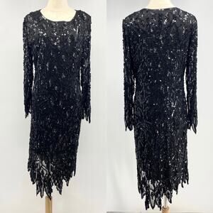 Vintage 80's black silk/bead/sequin midi shift dress shark tooth hem size Medium